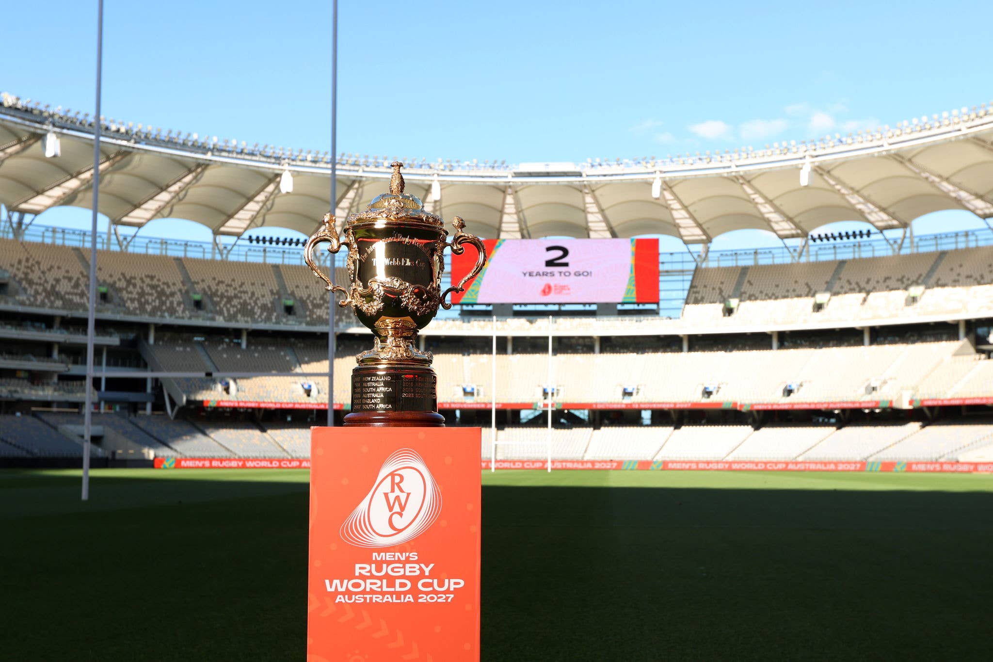 PERTH, AUSTRALIA - SEPTEMBER 30: The Webb Ellis trophy  during a preview event celebrating Two Years to Go until the Rugby World Cup 2027 at Perth Stadium on September 30, 2025 in Perth, Australia. (Photo by Janelle St Pierre - World Rugby/World Rugby via Getty Images)